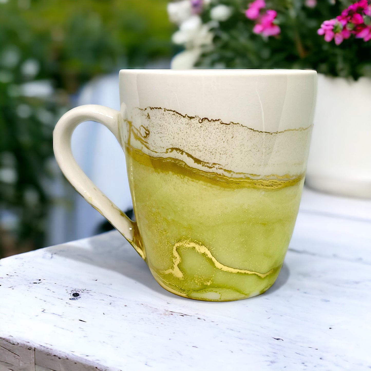 Tall green hand-painted mug