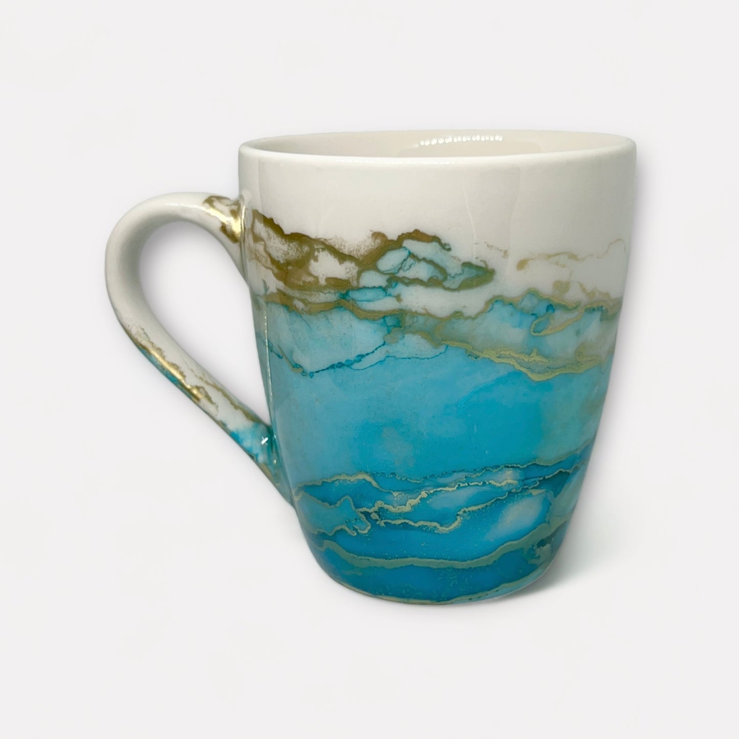 Large tea mug hand painted in turquoise blue and gold