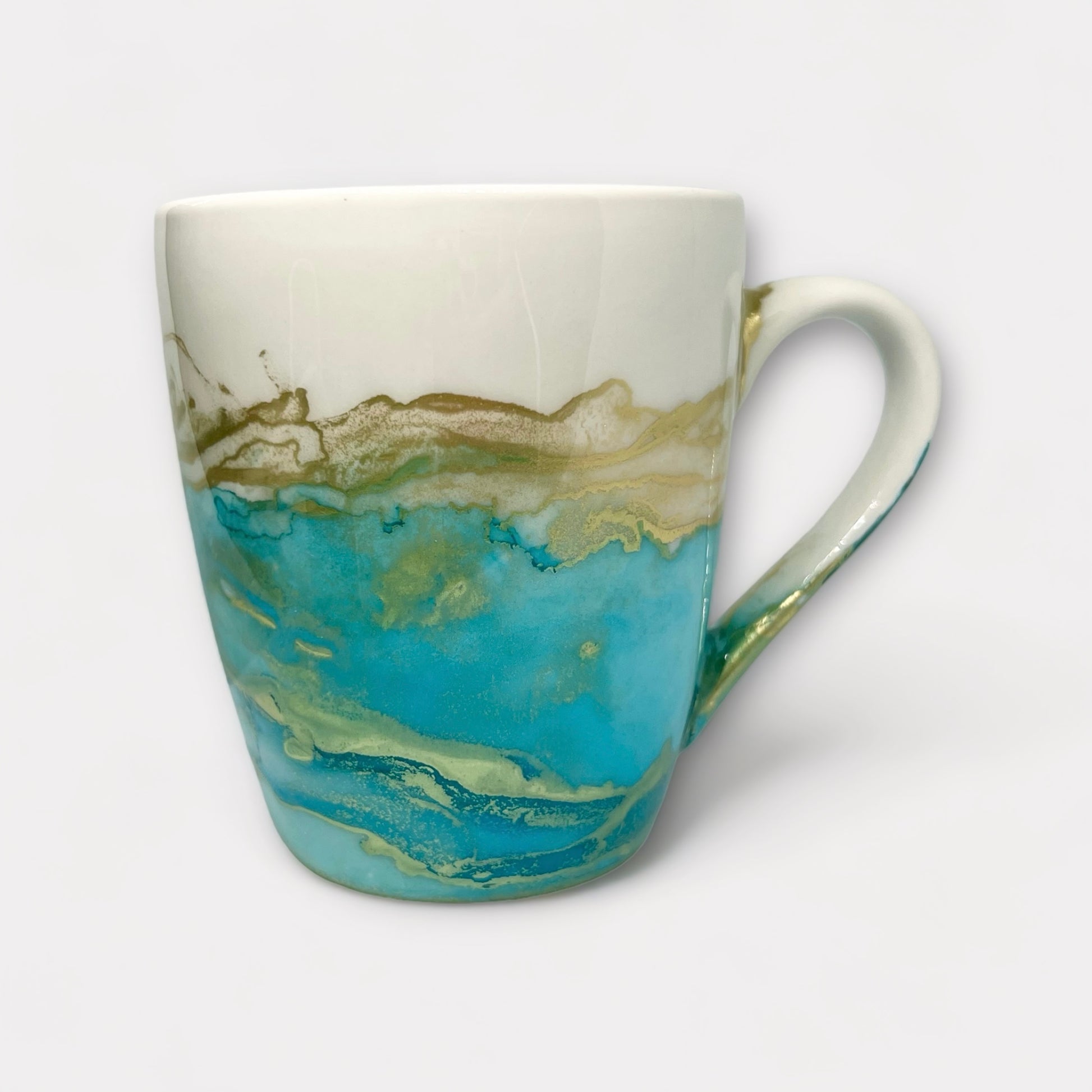 Large tea mug hand painted in turquoise blue and gold 