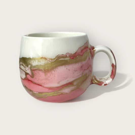 Large rounded pink and gold hand- painted mug